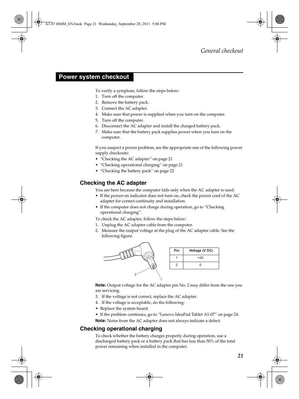 General checkout, Power system checkout, Checking the ac adapter | Checking operational charging | Lenovo A1-07 User Manual | Page 25 / 50