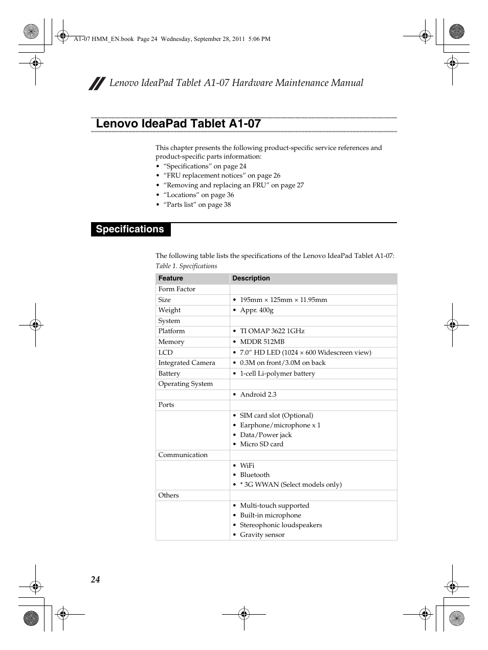 Lenovo ideapad tablet a1-07, Specifications | Lenovo A1-07 User Manual | Page 28 / 50