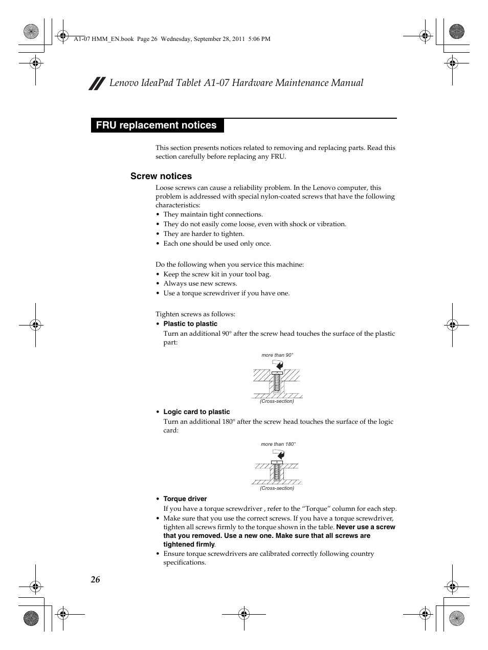 Fru replacement notices, Screw notices | Lenovo A1-07 User Manual | Page 30 / 50