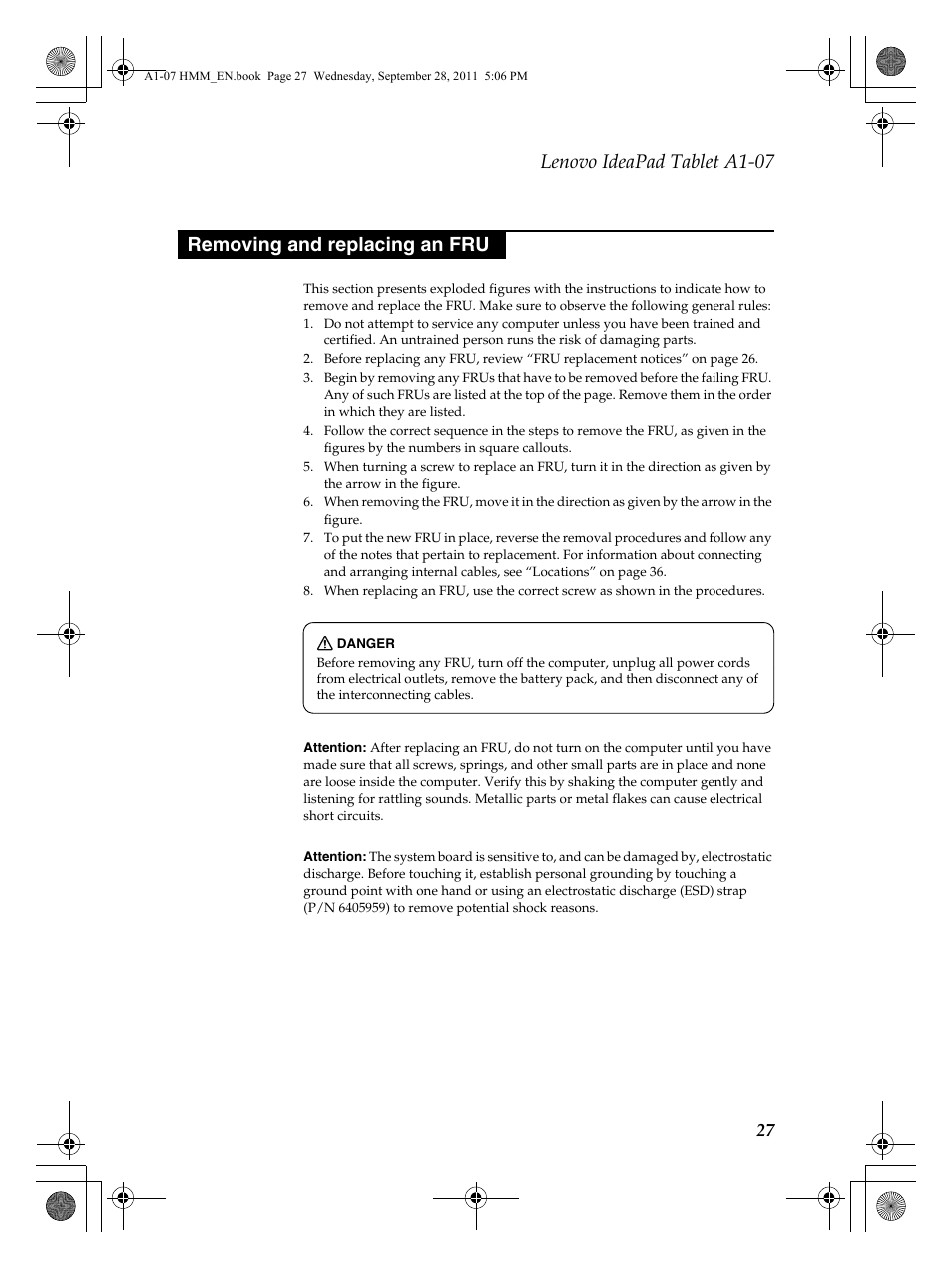 Lenovo ideapad tablet a1-07, Removing and replacing an fru | Lenovo A1-07 User Manual | Page 31 / 50