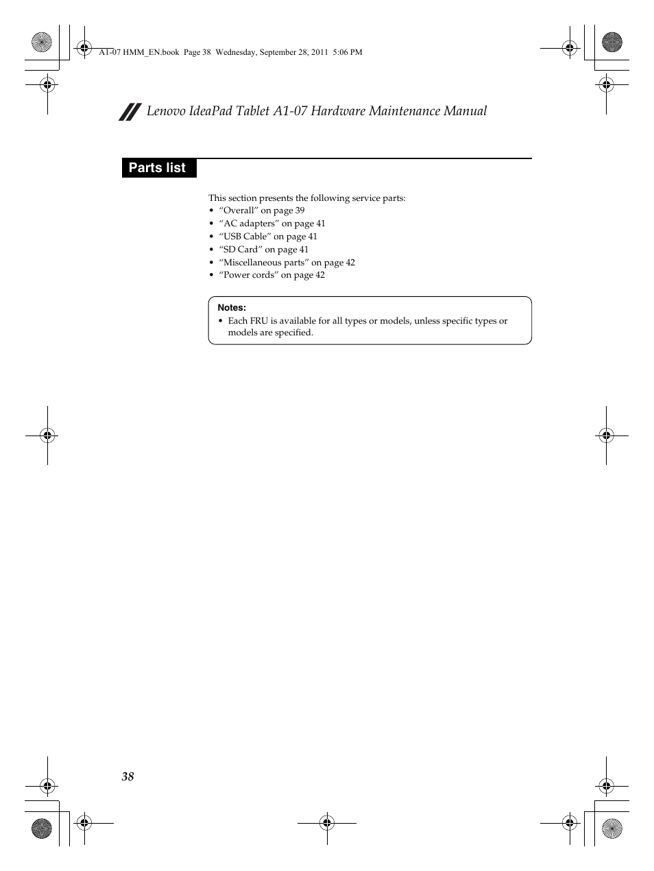 Parts list | Lenovo A1-07 User Manual | Page 42 / 50