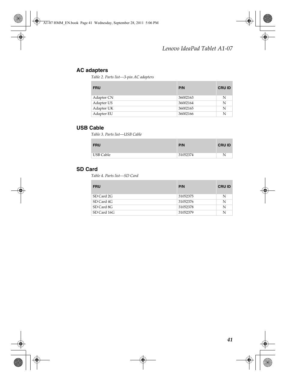 Lenovo ideapad tablet a1-07, 41 ac adapters, Usb cable | Sd card | Lenovo A1-07 User Manual | Page 45 / 50