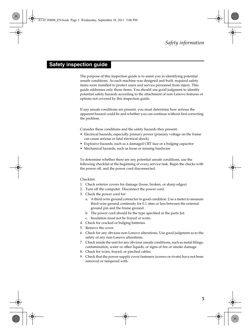 Safety information, Safety inspection guide | Lenovo A1-07 User Manual | Page 9 / 50