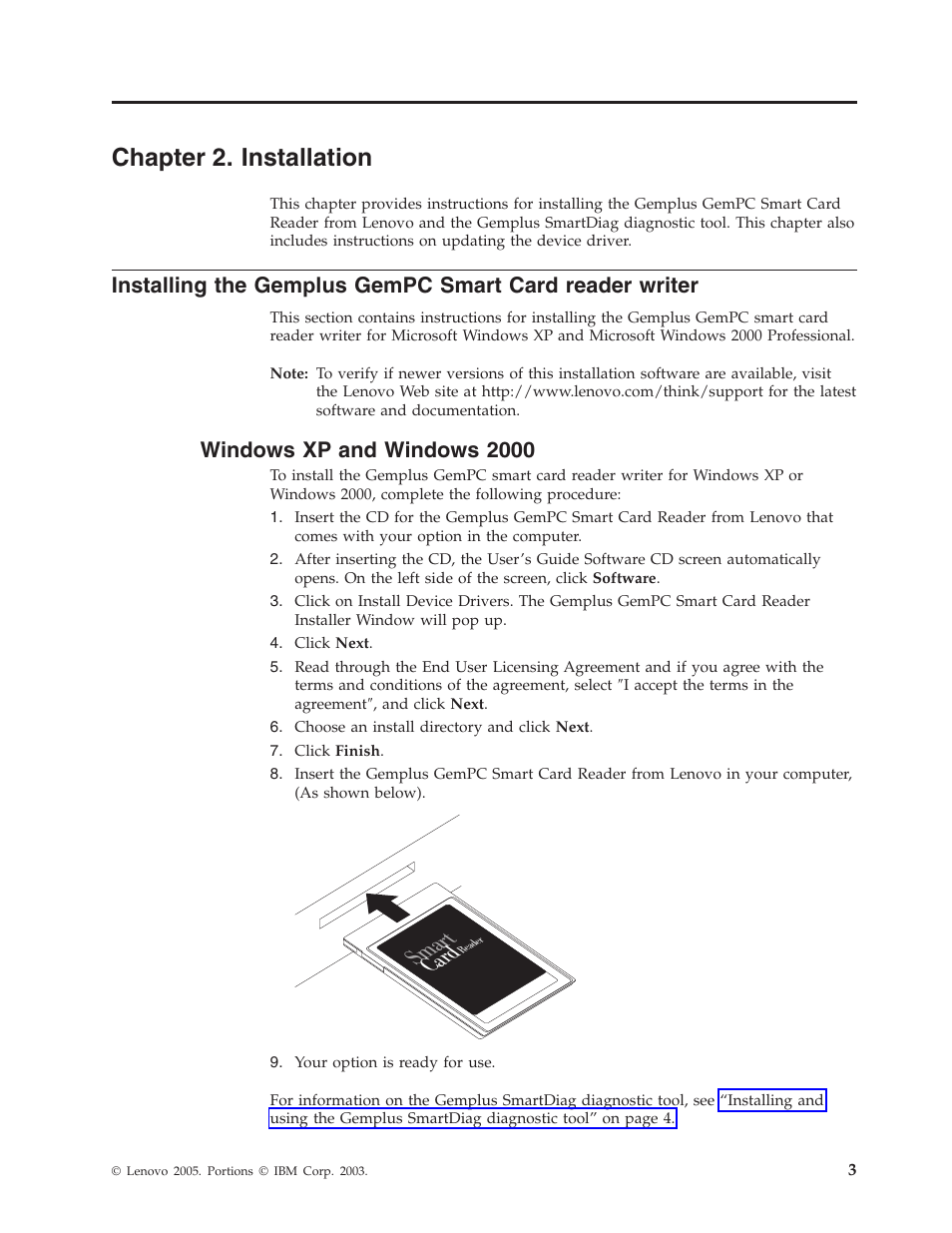 Chapter 2. installation, Windows xp and windows 2000, Chapter | Installation, Installing, Plus, Gempc, Smart, Card, Reader | Lenovo Gemplus 41N3005 User Manual | Page 11 / 42