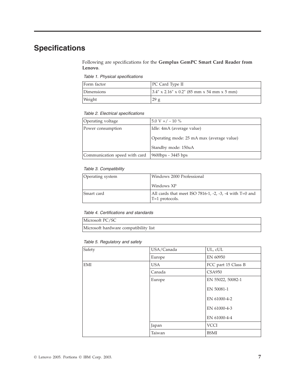 Specifications | Lenovo Gemplus 41N3005 User Manual | Page 15 / 42