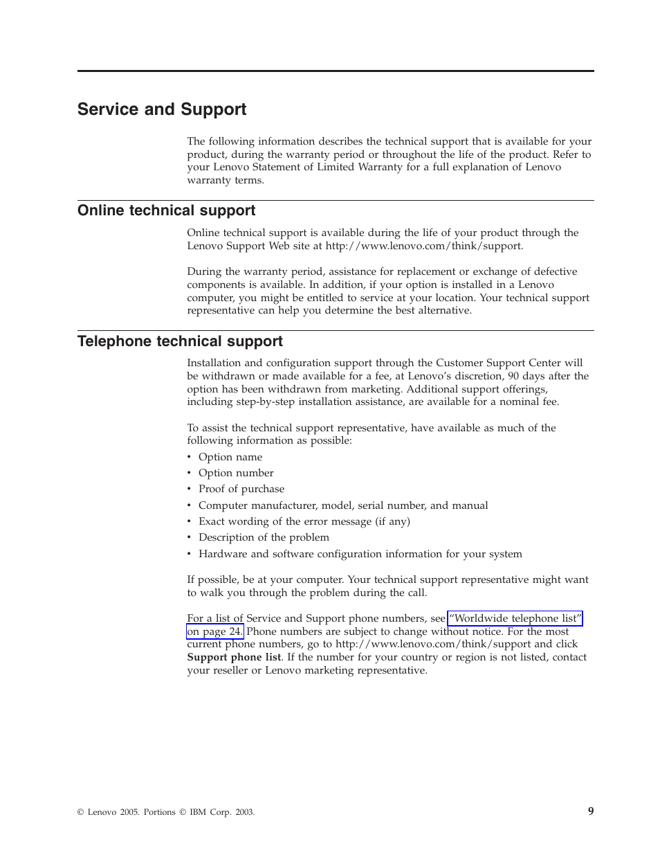 Service and support, Online technical support, Telephone technical support | Service, Support, Online, Technical, Telephone | Lenovo Gemplus 41N3005 User Manual | Page 17 / 42