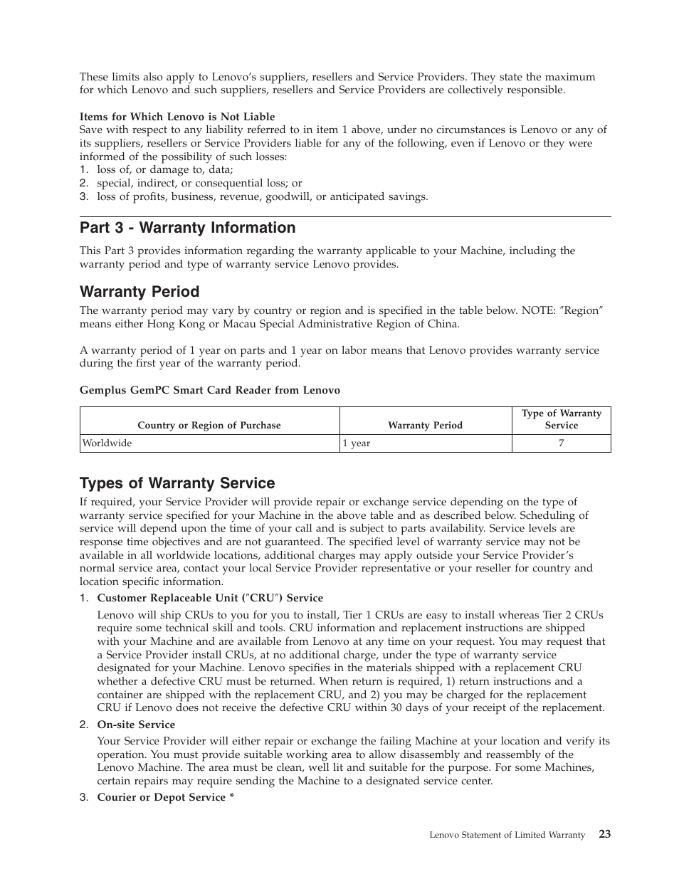 Part 3 - warranty information, Warranty period, Types of warranty service | Part, Warranty, Information, Period, Types, Service | Lenovo Gemplus 41N3005 User Manual | Page 31 / 42