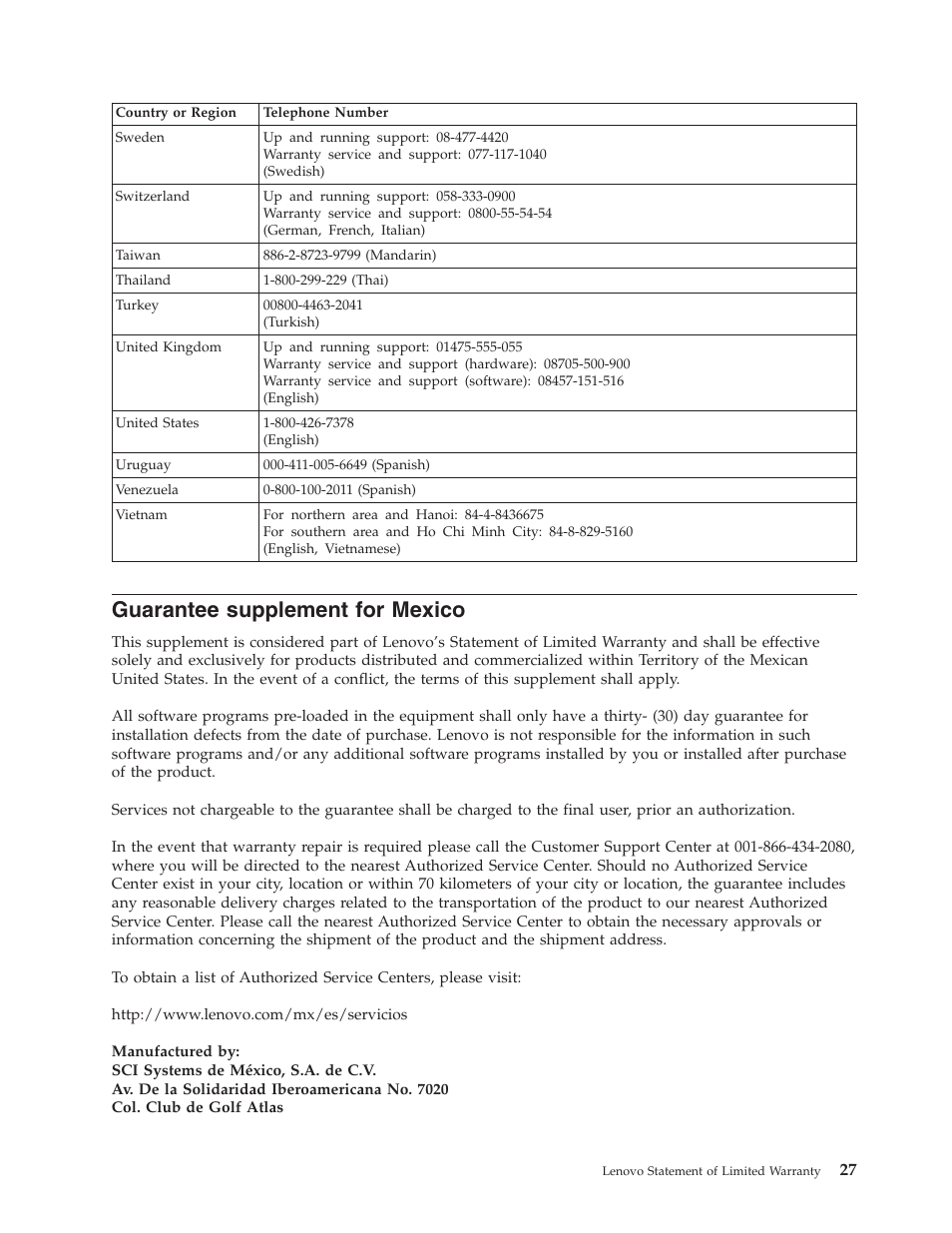 Guarantee supplement for mexico, Guarantee, Supplement | Mexico | Lenovo Gemplus 41N3005 User Manual | Page 35 / 42