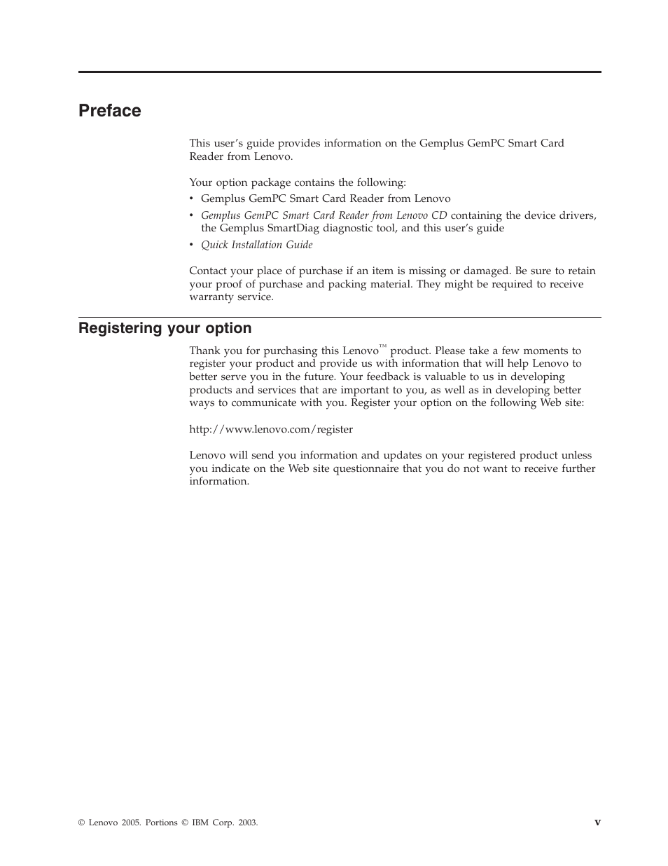 Preface, Registering your option, Registering | Your, Option | Lenovo Gemplus 41N3005 User Manual | Page 7 / 42