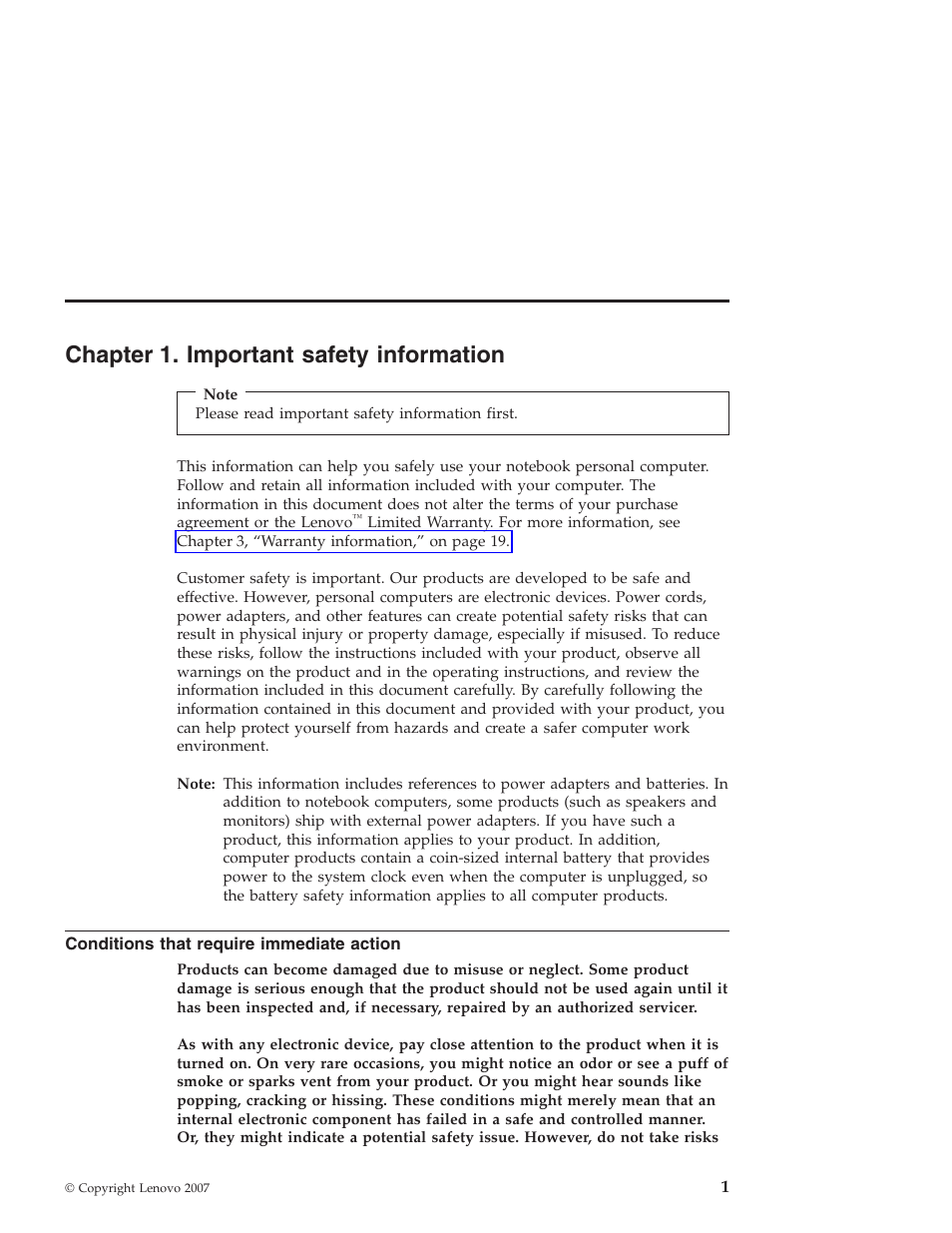 Chapter 1. important safety information, Conditions that require immediate action, Chapter | Important, Safety, Information, Conditions, That, Require, Immediate | Lenovo 3000 User Manual | Page 11 / 38