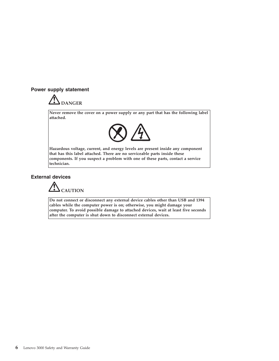 Power supply statement, External devices, Power | Supply, Statement, External, Devices | Lenovo 3000 User Manual | Page 16 / 38