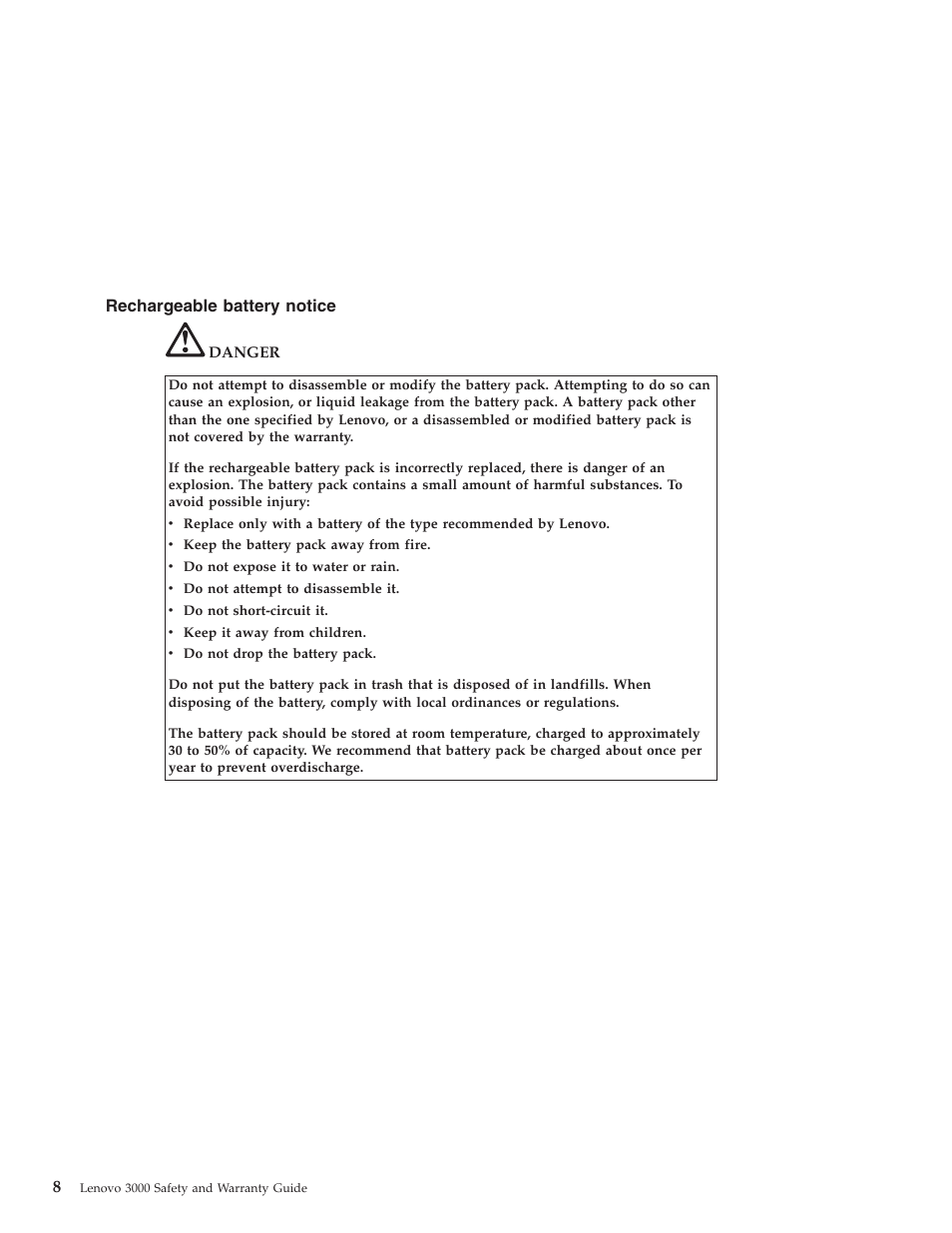 Rechargeable battery notice, Rechargeable, Battery | Notice | Lenovo 3000 User Manual | Page 18 / 38