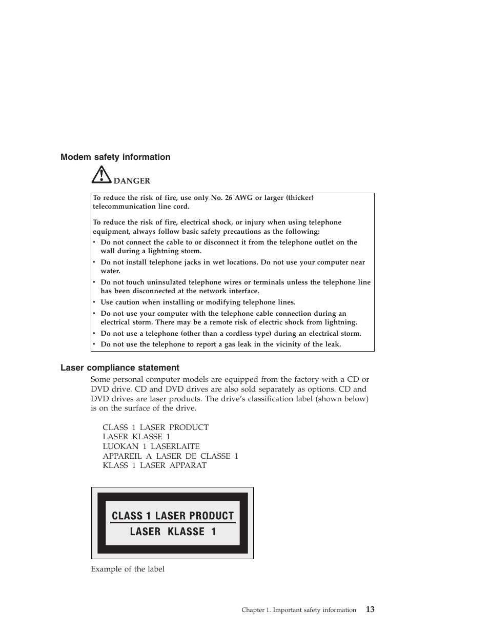 Modem safety information, Laser compliance statement, Modem | Safety, Information, Laser, Compliance, Statement | Lenovo 3000 User Manual | Page 23 / 38