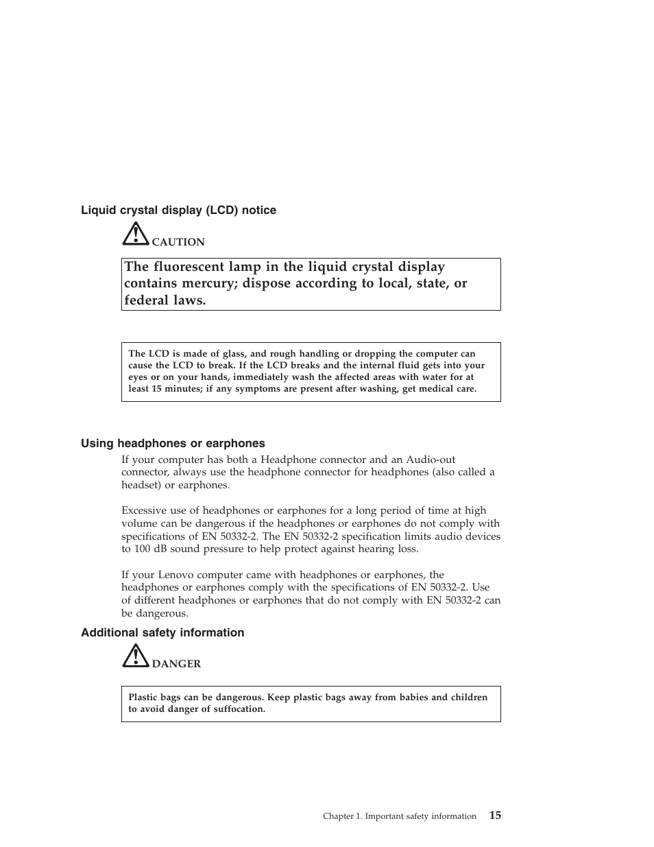 Liquid crystal display (lcd) notice, Using headphones or earphones, Additional safety information | Liquid, Crystal, Display, Lcd), Notice, Using, Headphones | Lenovo 3000 User Manual | Page 25 / 38