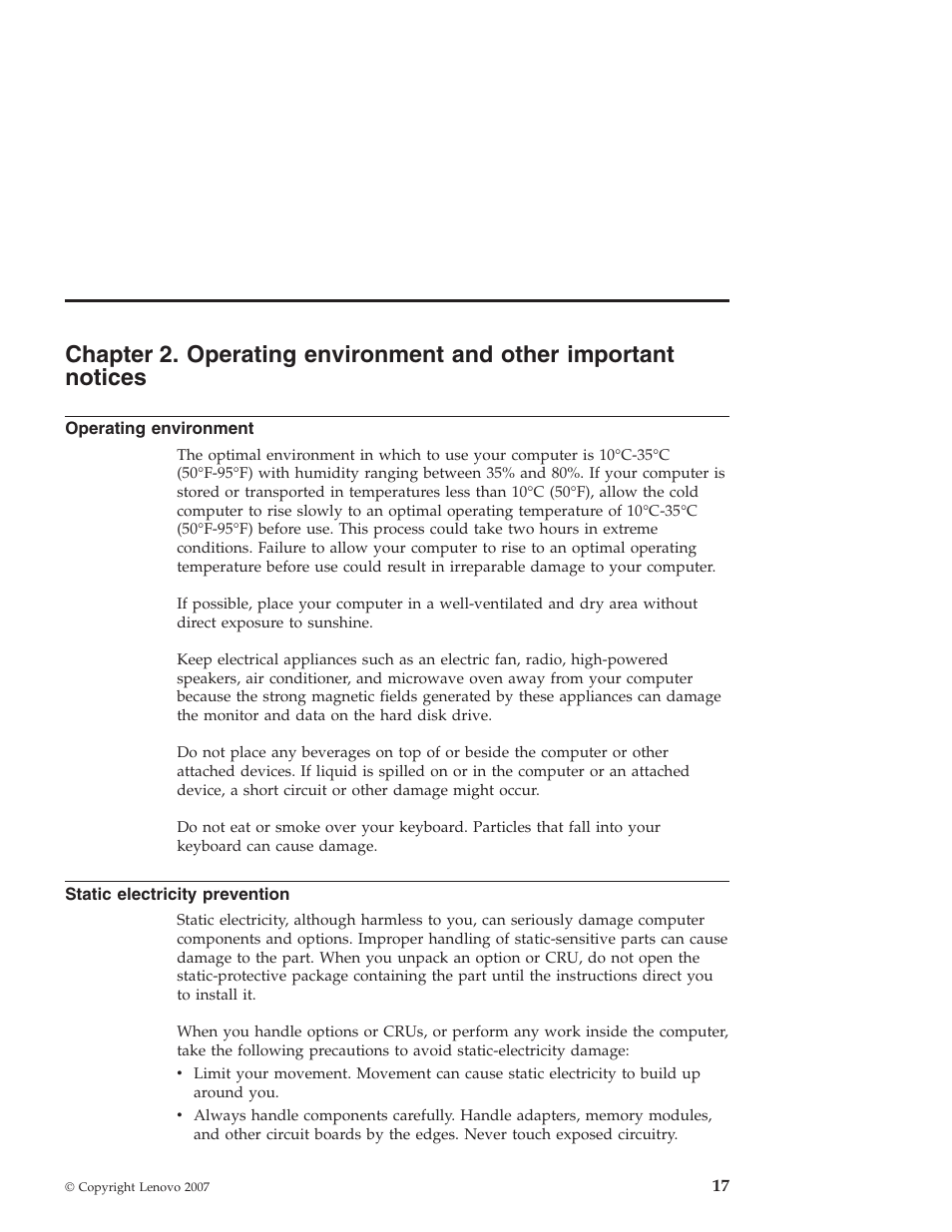 Operating environment, Static electricity prevention, Chapter | Operating, Environment, Other, Important, Notices, Static, Electricity | Lenovo 3000 User Manual | Page 27 / 38
