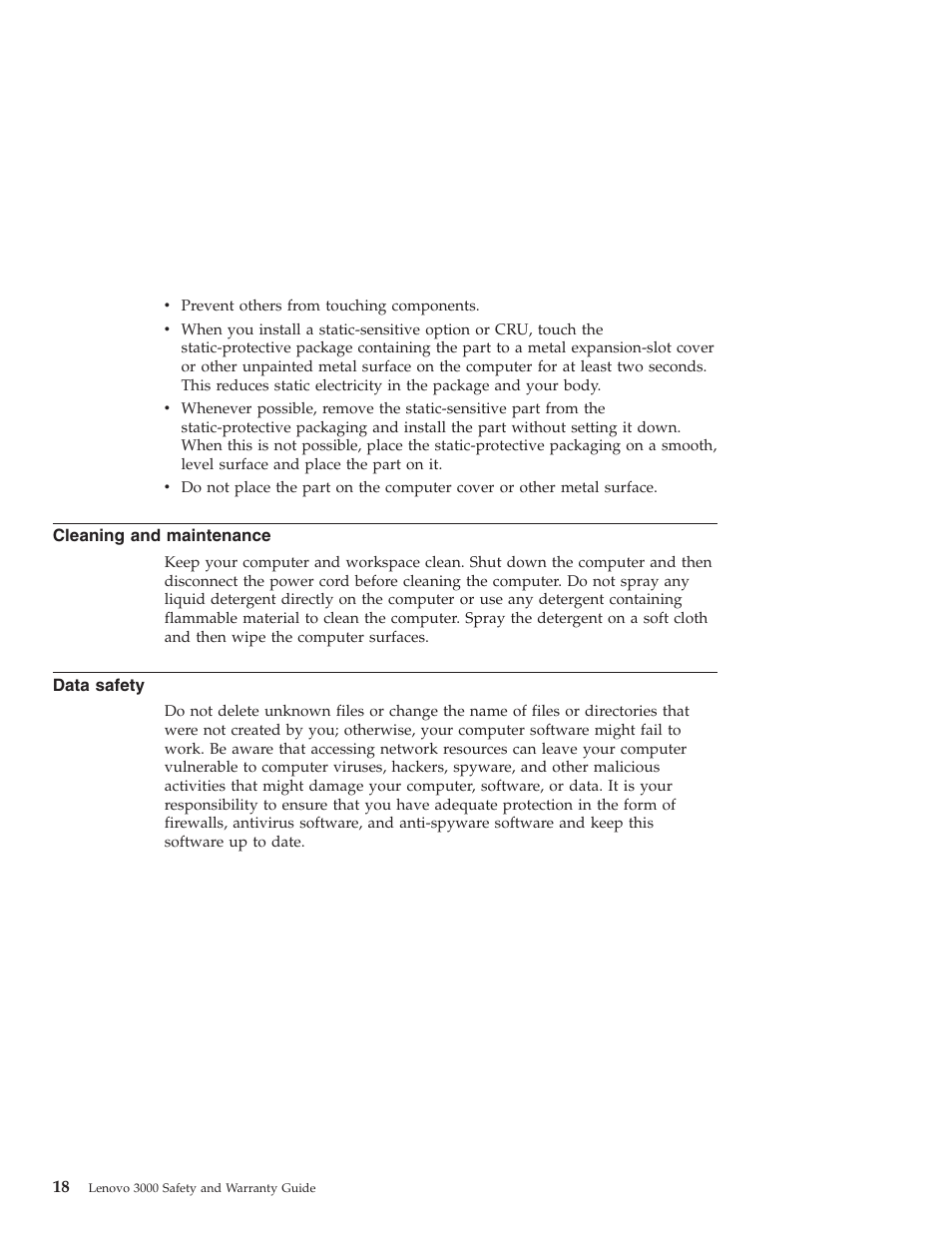 Cleaning and maintenance, Data safety, Cleaning | Maintenance, Data, Safety | Lenovo 3000 User Manual | Page 28 / 38