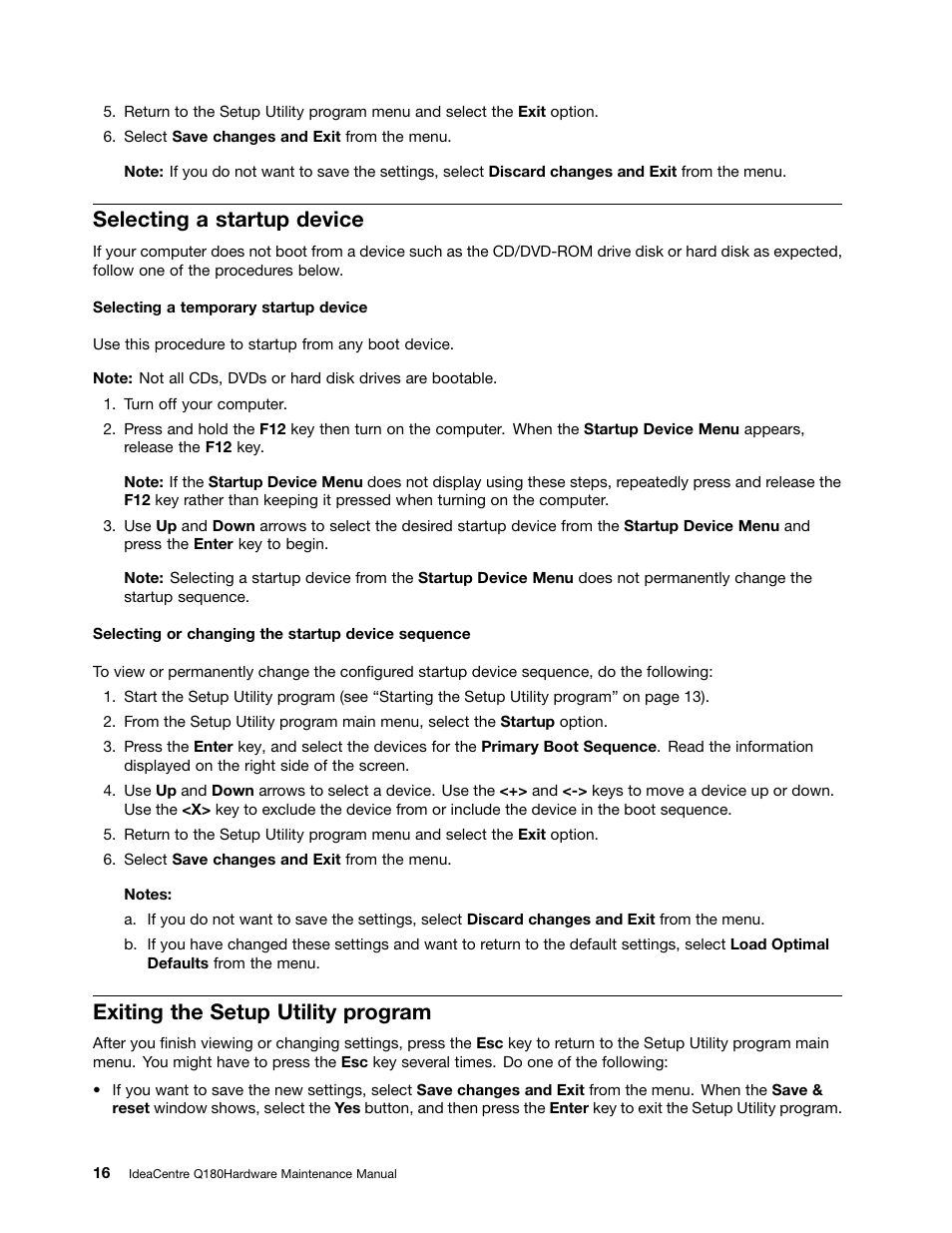 Selecting a startup device, Exiting the setup utility program | Lenovo Q180 User Manual | Page 22 / 43