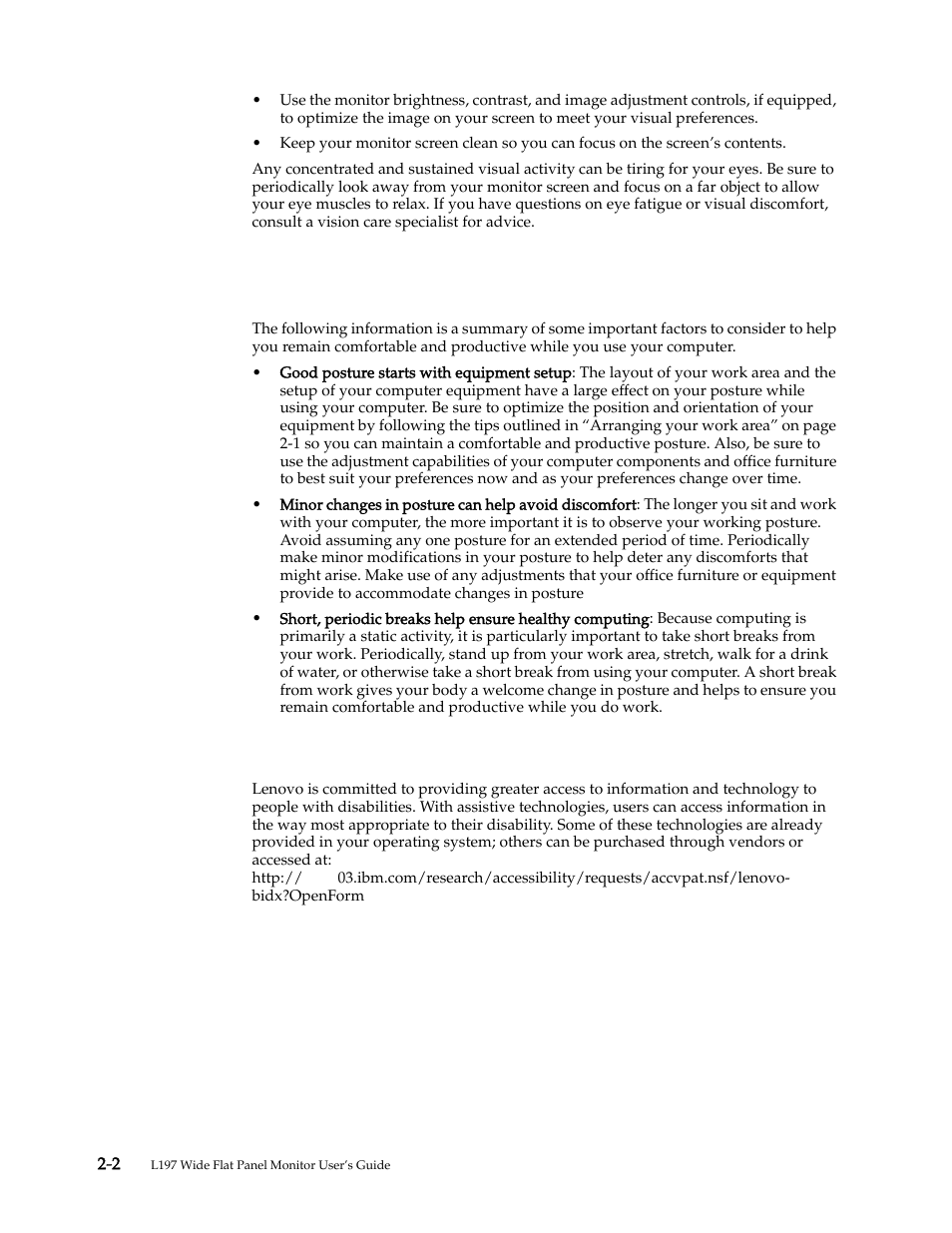 Quick tips for healthy work habits, Accessibility information, Quick tips for healthy work habits -2 | Accessibility information -2 | Lenovo L197 User Manual | Page 11 / 32