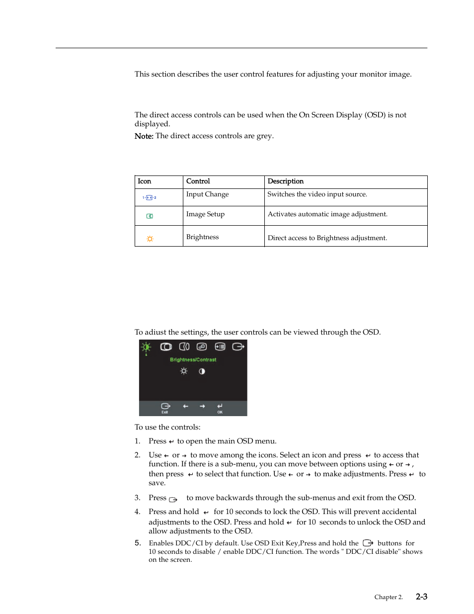 Adjusting your monitor image, Using the direct access controls, Using the on-screen display (osd) controls | Adjusting your monitor image -3, Using the direct access controls -3, Using the on-screen display (osd) controls -3 | Lenovo L197 User Manual | Page 12 / 32