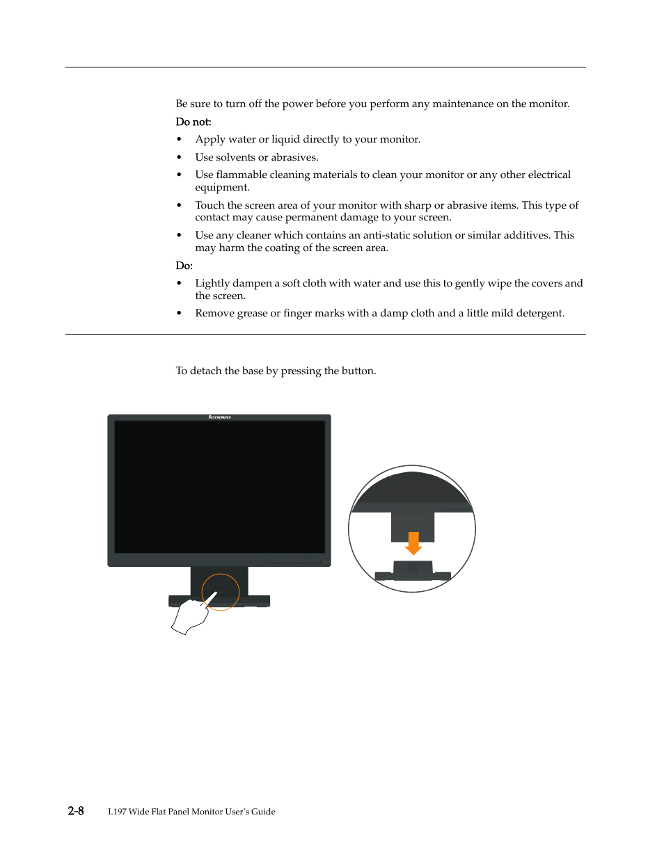 Caring for your monitor, Detaching the monitor stand, Caring for your monitor -8 | Detaching the monitor stand -8 | Lenovo L197 User Manual | Page 17 / 32