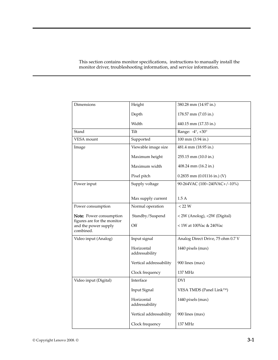 Chapter 3. reference information, Monitor specifications, Chapter 3. reference information -1 | Monitor specifications -1 | Lenovo L197 User Manual | Page 18 / 32