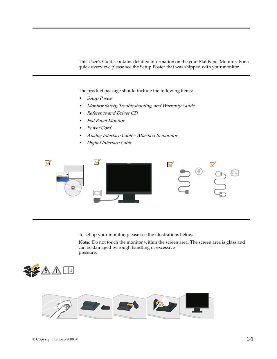 Chapter 1. getting started, Shipping contents, Attaching the base and handling your monitor | Chapter1. getting started -1, Shipping contents -1, Attaching the base and handling your monitor -1 | Lenovo L197 User Manual | Page 5 / 32