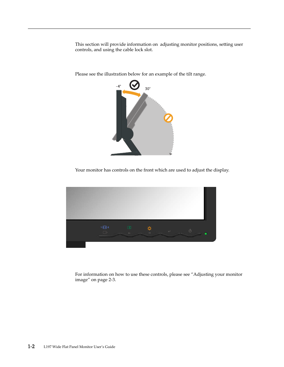 Product overview, Types of adjustments, User controls | Product overview -1, Types of adjustments -2, User controls -3 | Lenovo L197 User Manual | Page 6 / 32