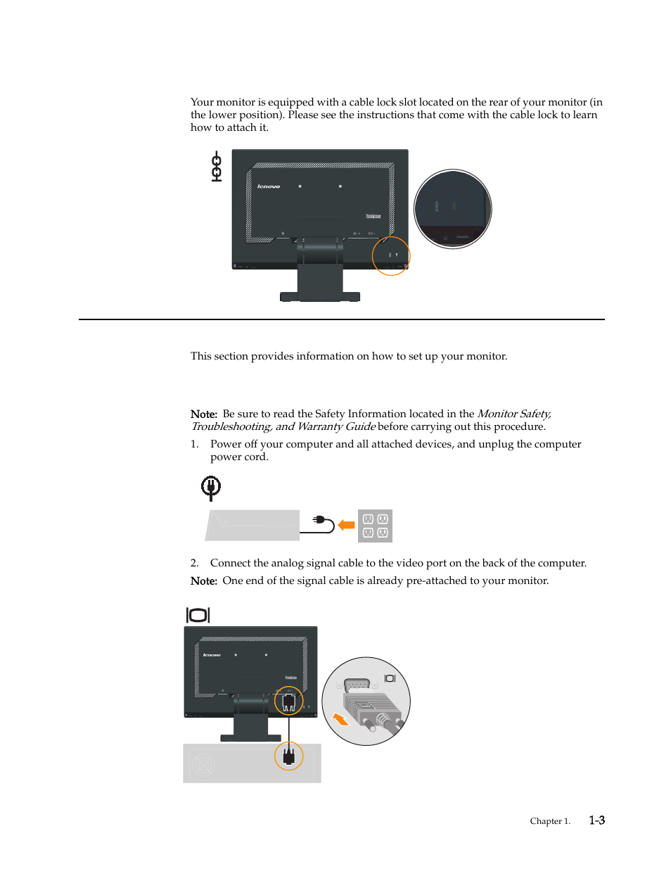 Cable lock slot, Setting up your monitor, Connecting and turning on your monitor | Cable lock slot -4, Setting up your monitor -4, Connecting and turning on your monitor -4 | Lenovo L197 User Manual | Page 7 / 32