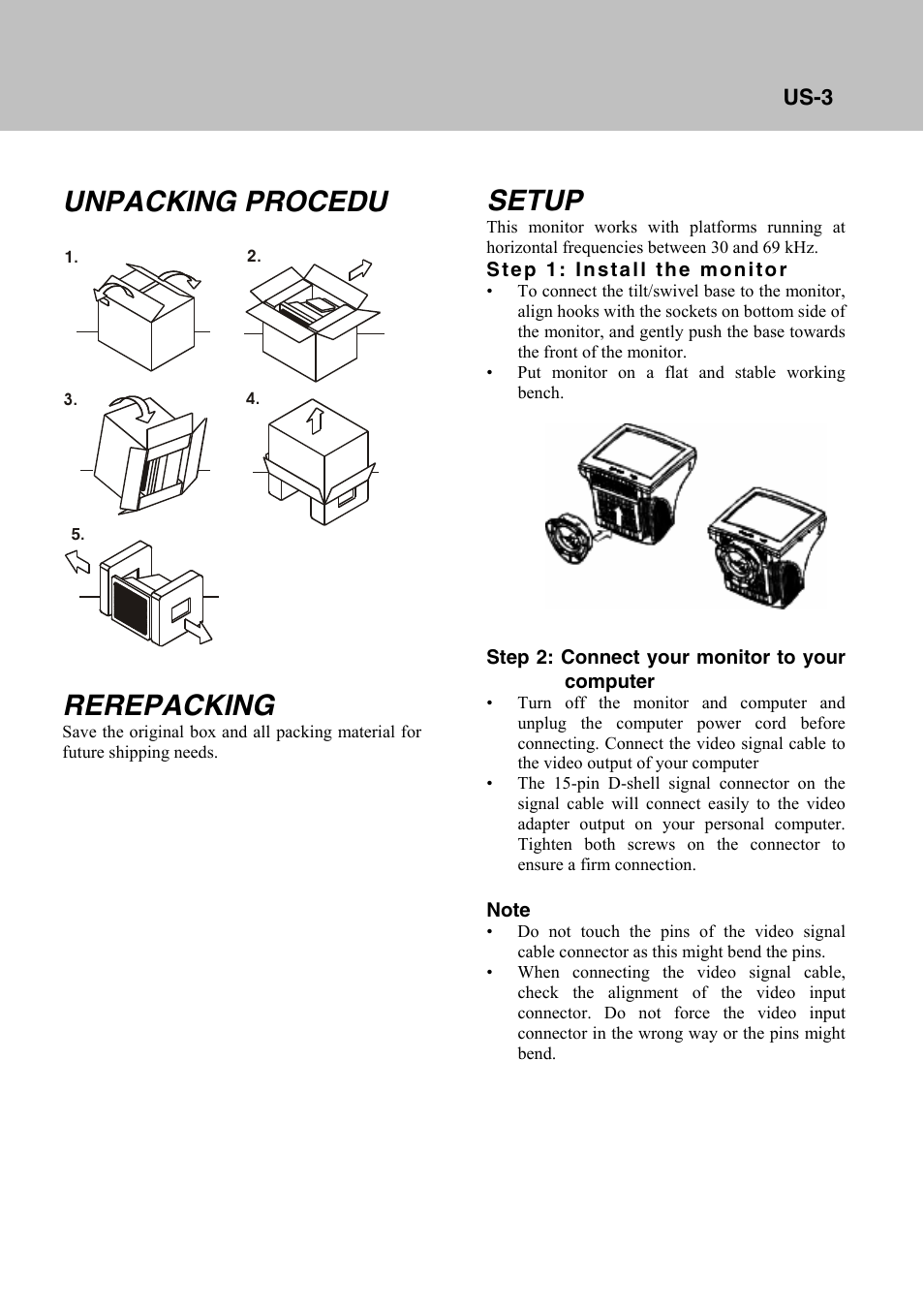 Unpacking procedu, Rerepacking, Setup | Lenovo E74 User Manual | Page 11 / 19