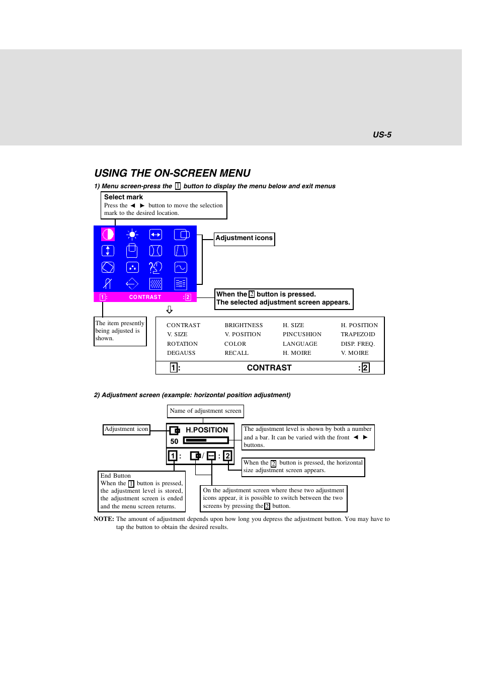 Using the on-screen menu, Us-5, 1 : contrast : 2 | Lenovo E74 User Manual | Page 13 / 19