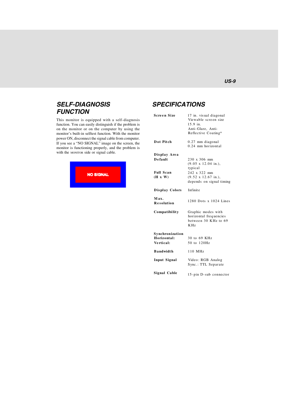 Self-diagnosis function, Specifications | Lenovo E74 User Manual | Page 17 / 19