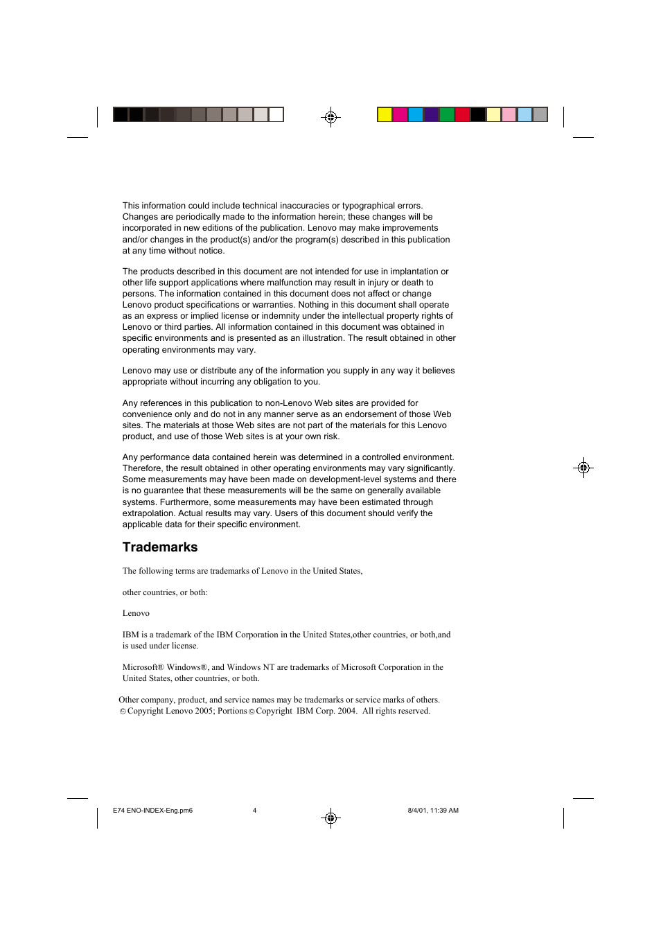 Trademarks | Lenovo E74 User Manual | Page 4 / 19