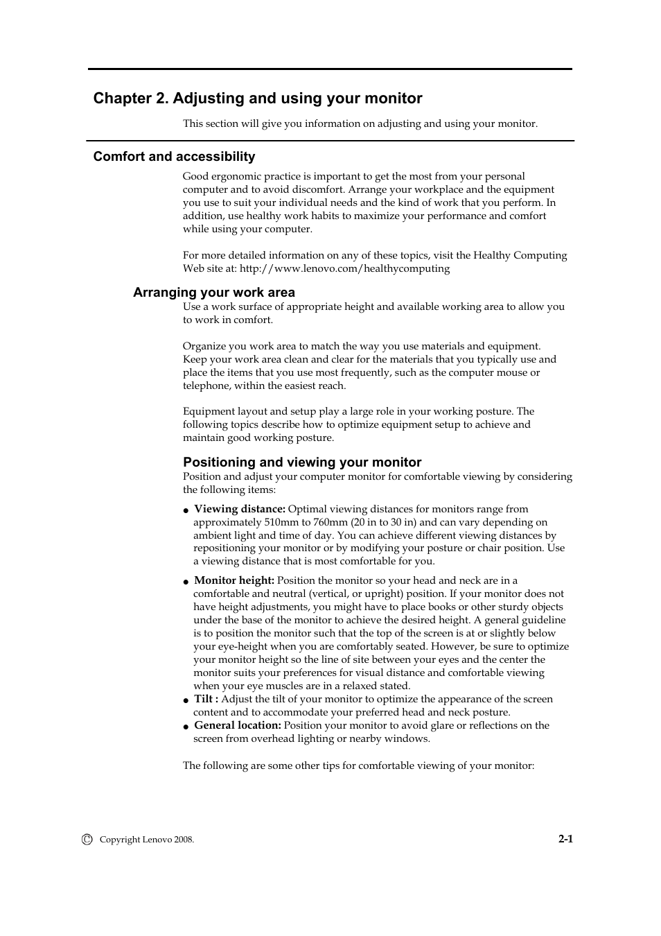 Chapter 2. adusting and using your monitor, Comfort and accessibility, Arranging your work area | Positioning and viewing your monitor, Chapter 2. adjusting and using your monitor | Lenovo L2240P User Manual | Page 15 / 34