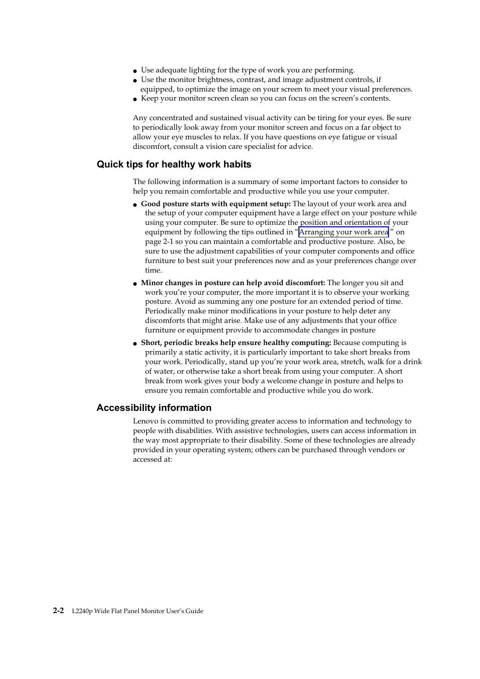 Quick tips for healthy work habits, Accessibility information | Lenovo L2240P User Manual | Page 16 / 34