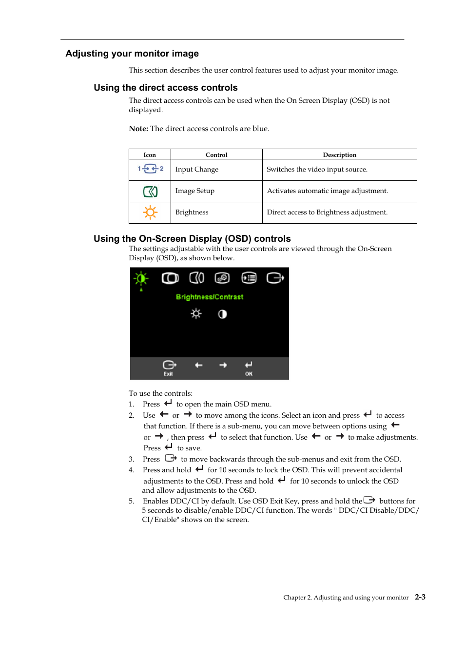 Adjusting your monitor image, Using the direct access controls, Using the on-screen display (osd) controls | Lenovo L2240P User Manual | Page 17 / 34