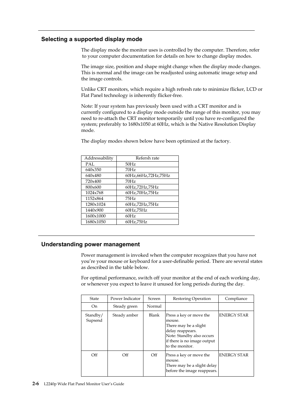 Selecting a supported display mode, Understanding power management | Lenovo L2240P User Manual | Page 20 / 34