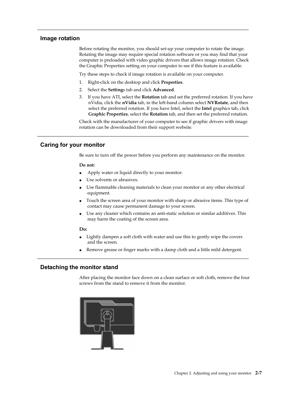 Caring for your monitor, Detaching the monitor stand, Image rotation | Lenovo L2240P User Manual | Page 21 / 34