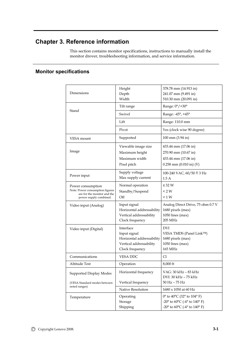 Chapter 3. reference information, Monitor specifcations, Monitor specifications | Lenovo L2240P User Manual | Page 22 / 34