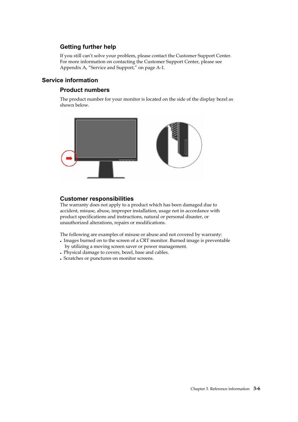 Getting further help, Service information, Product numbers | Customer responsibilities, Service information product numbers | Lenovo L2240P User Manual | Page 27 / 34
