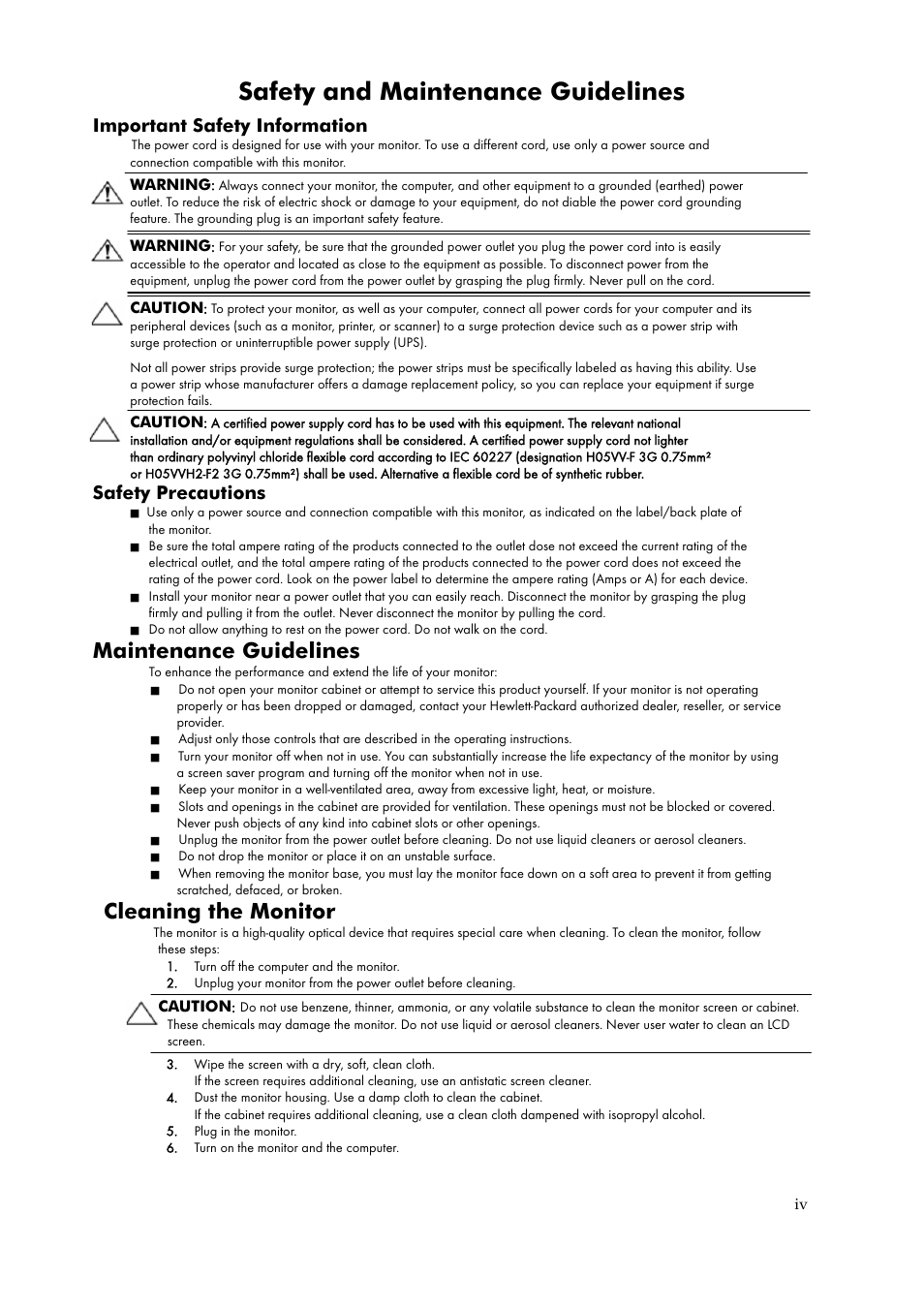 Safety and maintenance guidelines, Maintenance guidelines, Cleaning the monitor | Important safety information, Safety precautions | Lenovo L2240P User Manual | Page 5 / 34