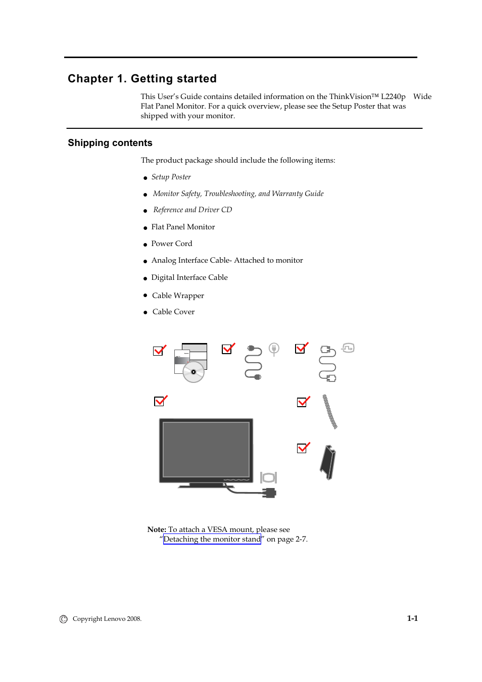 Chapter 1. getting started, Shipping contents | Lenovo L2240P User Manual | Page 6 / 34