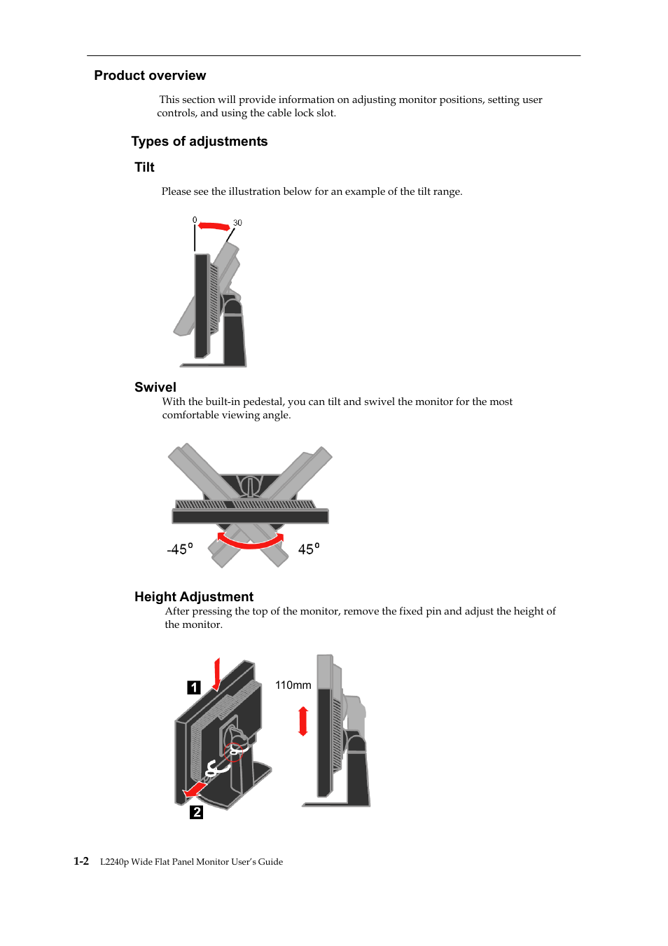 Product overview, Types of adustments | Lenovo L2240P User Manual | Page 7 / 34