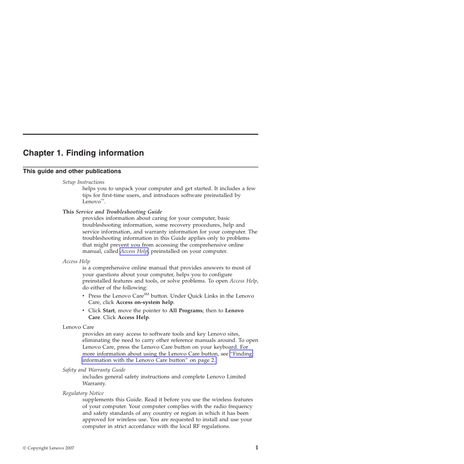 Chapter 1. finding information, This guide and other publications, Safety | Warranty, Guide, Access, Help, Regulatory, Notice, Chapter | Lenovo 3000 V200 User Manual | Page 11 / 68