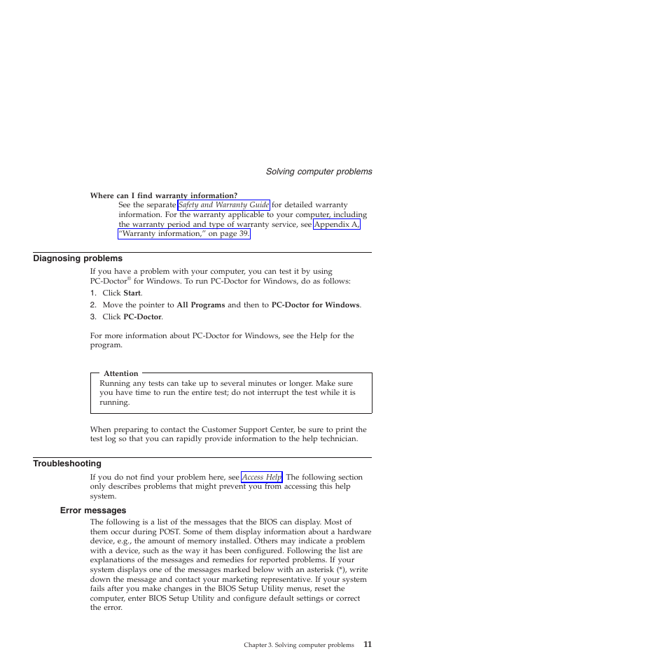 Diagnosing problems, Troubleshooting, Error messages | Diagnosing, Problems, Error, Messages | Lenovo 3000 V200 User Manual | Page 21 / 68