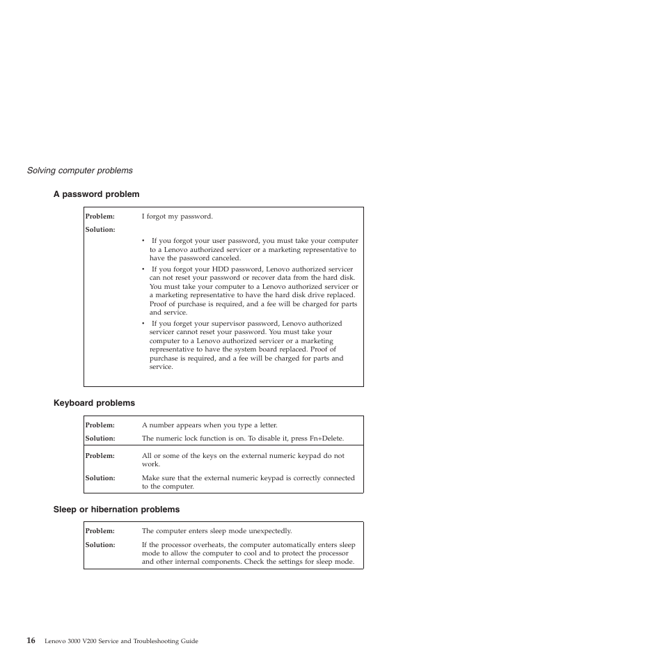 A password problem, Keyboard problems, Sleep or hibernation problems | Password, Problem, Keyboard, Problems, Sleep, Hibernation | Lenovo 3000 V200 User Manual | Page 26 / 68