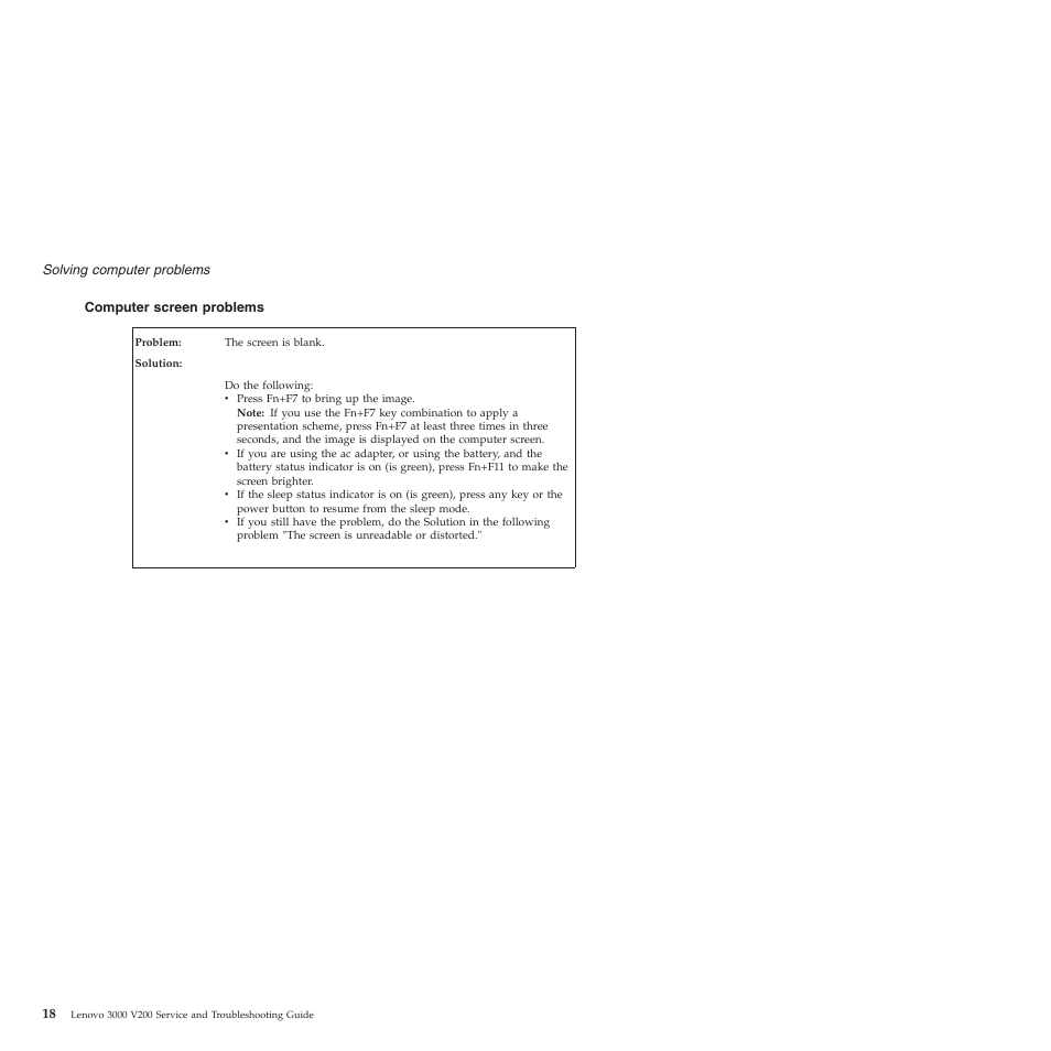 Computer screen problems, Computer, Screen | Problems | Lenovo 3000 V200 User Manual | Page 28 / 68