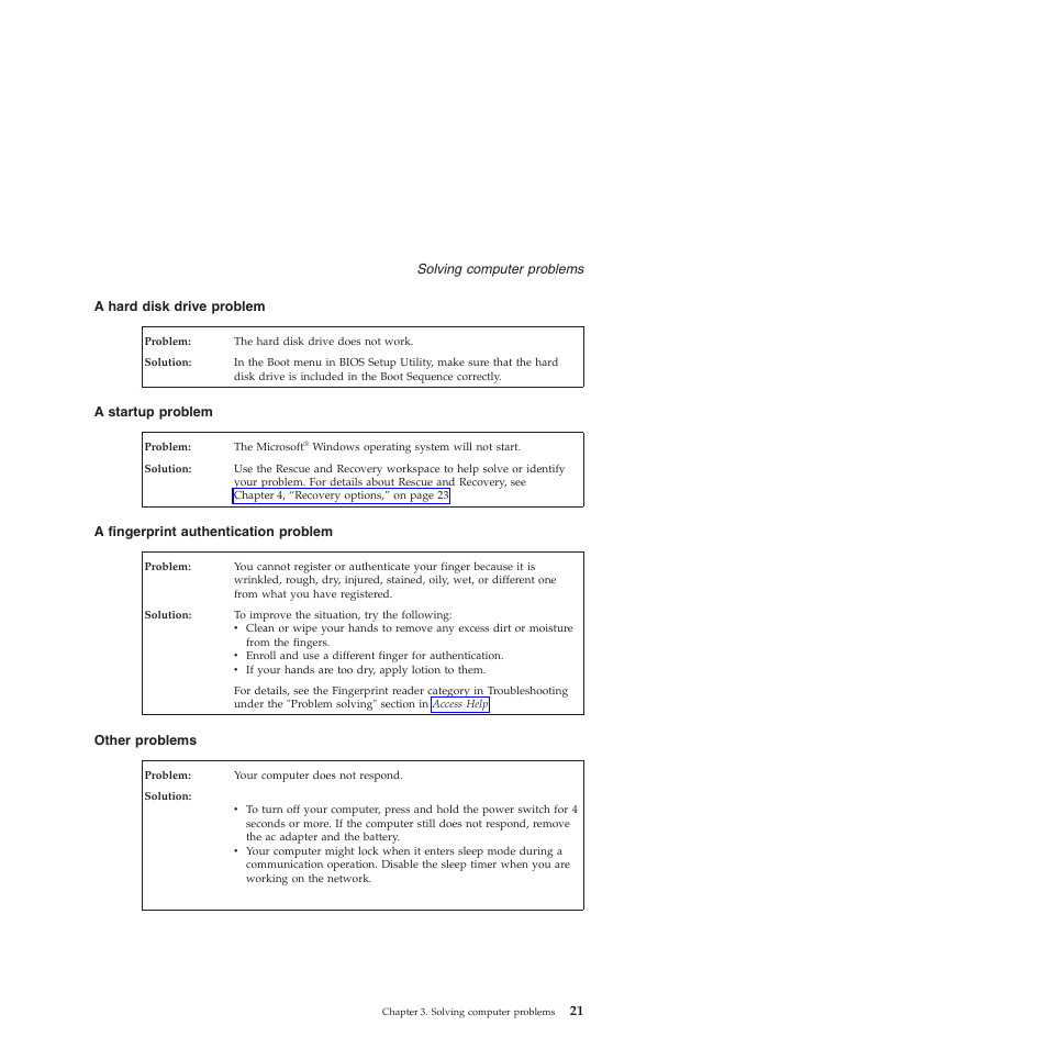 A hard disk drive problem, A startup problem, A fingerprint authentication problem | Other problems, Hard, Disk, Drive, Problem, Startup, Fingerprint | Lenovo 3000 V200 User Manual | Page 31 / 68