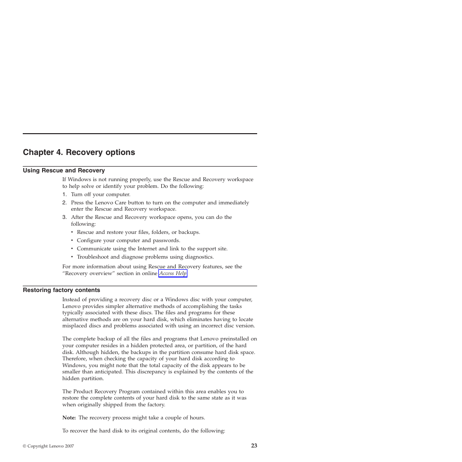 Chapter 4. recovery options, Using rescue and recovery, Restoring factory contents | Chapter, Recovery, Options, Using, Rescue, Restoring, Factory | Lenovo 3000 V200 User Manual | Page 33 / 68