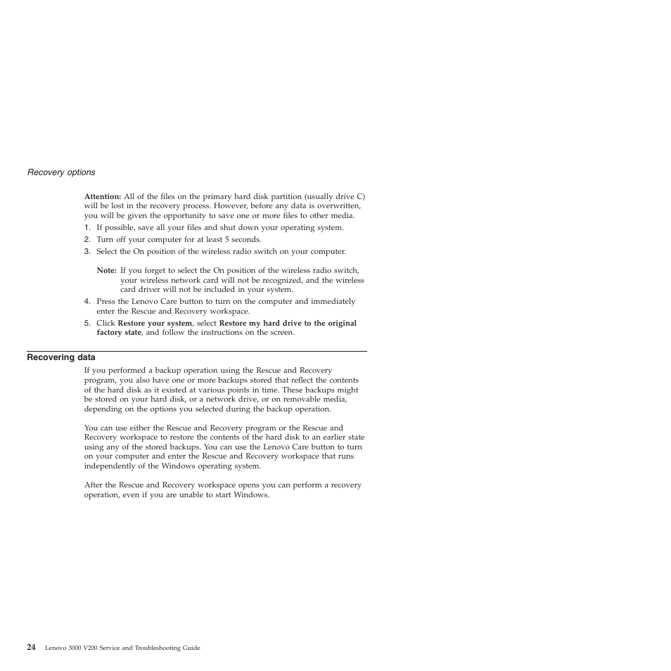 Recovering data, Recovering, Data | Lenovo 3000 V200 User Manual | Page 34 / 68