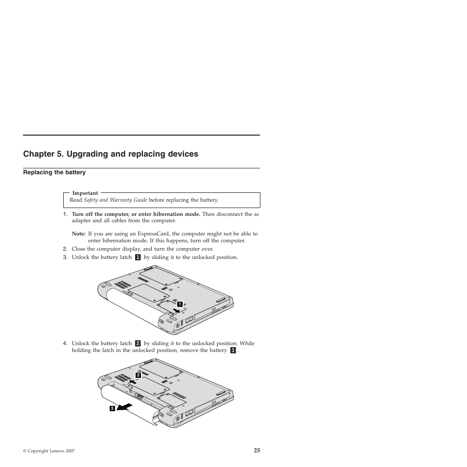 Chapter 5. upgrading and replacing devices, Replacing the battery, Chapter | Upgrading, Replacing, Devices, Battery | Lenovo 3000 V200 User Manual | Page 35 / 68